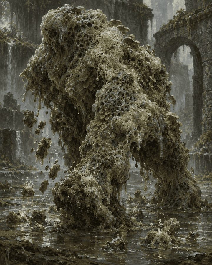 Ambulante de Musgo, criatura de Aeldria: Massa verde-marrom de musgo, cogumelos e raízes torcidas, com fendas que brilham em verde suave quando irritado.