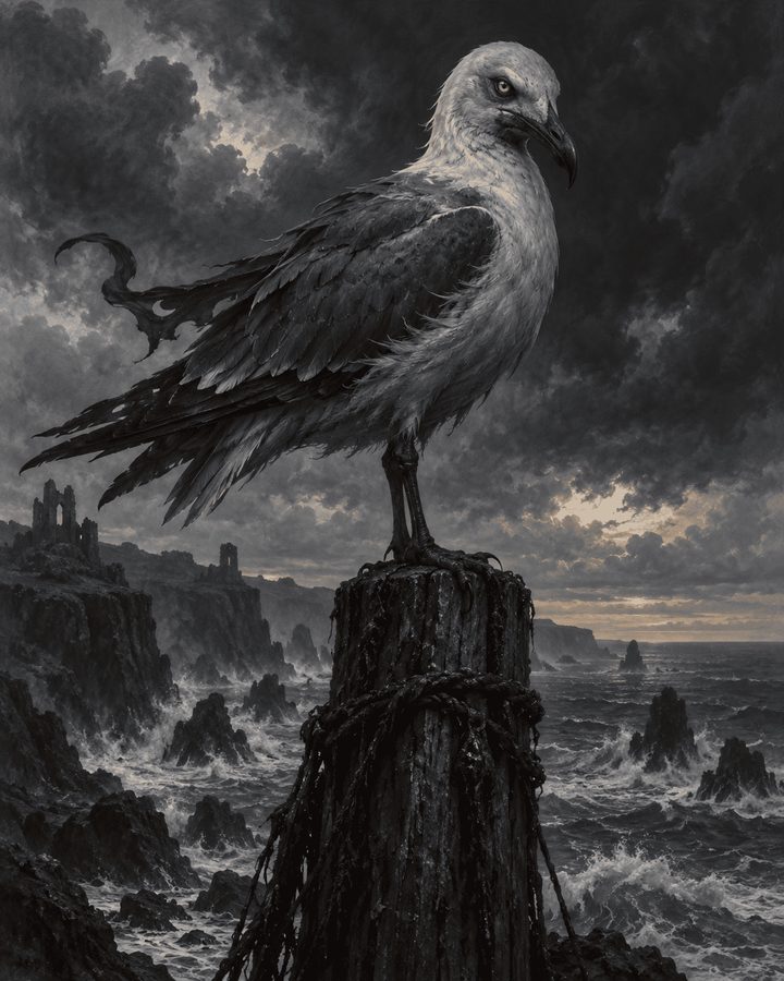 Gaivota do Presságio, criatura de Aeldria: Gaivota cinza-clara idêntica a qualquer outra, com um único olho ligeiramente maior que o normal.