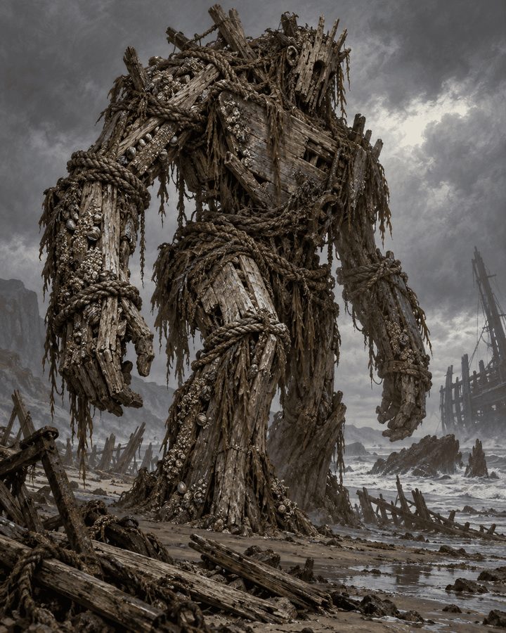 Golem de Madeira Encalhada, criatura de Aeldria: Massa angular de tábuas, cordas e âncoras enferrujadas, com uma fresta de luz azulada onde deveria estar o rosto.