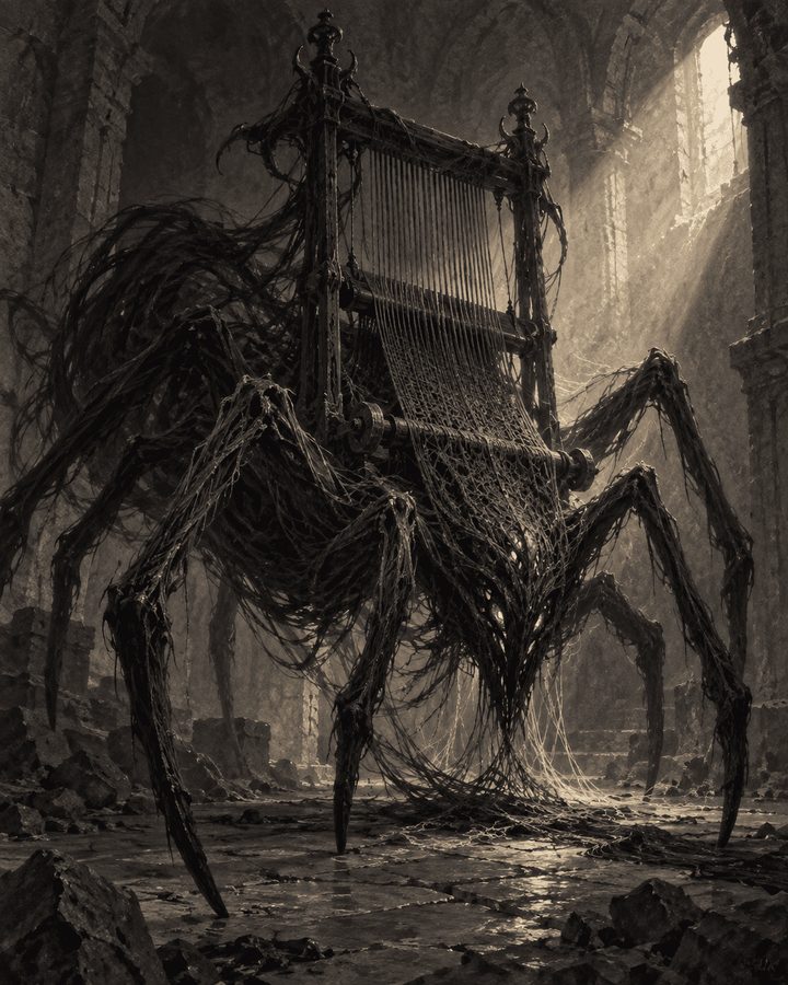 Tecelão de Sombra, criatura de Aeldria: Silhueta híbrida entre aranha e tear, tecida inteiramente de fios de sombra sólida que tremulam nas bordas.