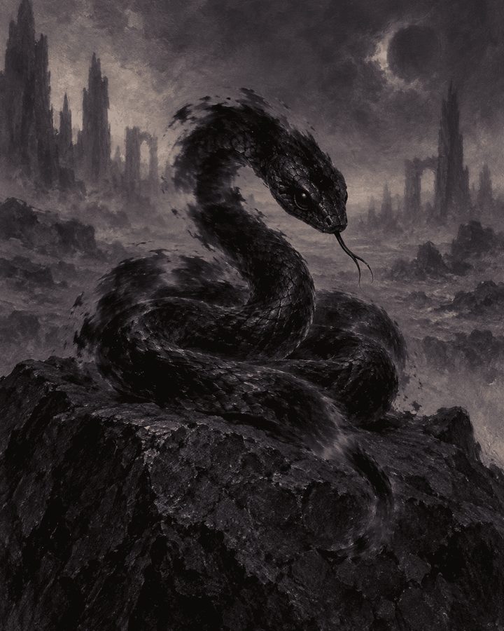 Víbora do Vazio, criatura de Aeldria: Escamas que parecem absorver a luz ao redor, contorno tremulando como se a serpente nunca estivesse totalmente presente.