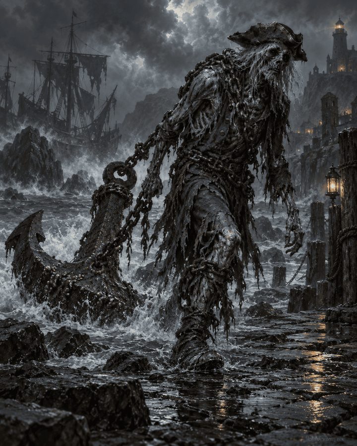 Wight da Âncora, criatura de Aeldria: Figura alta e encharcada com uma âncora real fundida ao peito, arrastando correntes que nunca fazem barulho debaixo d'água.